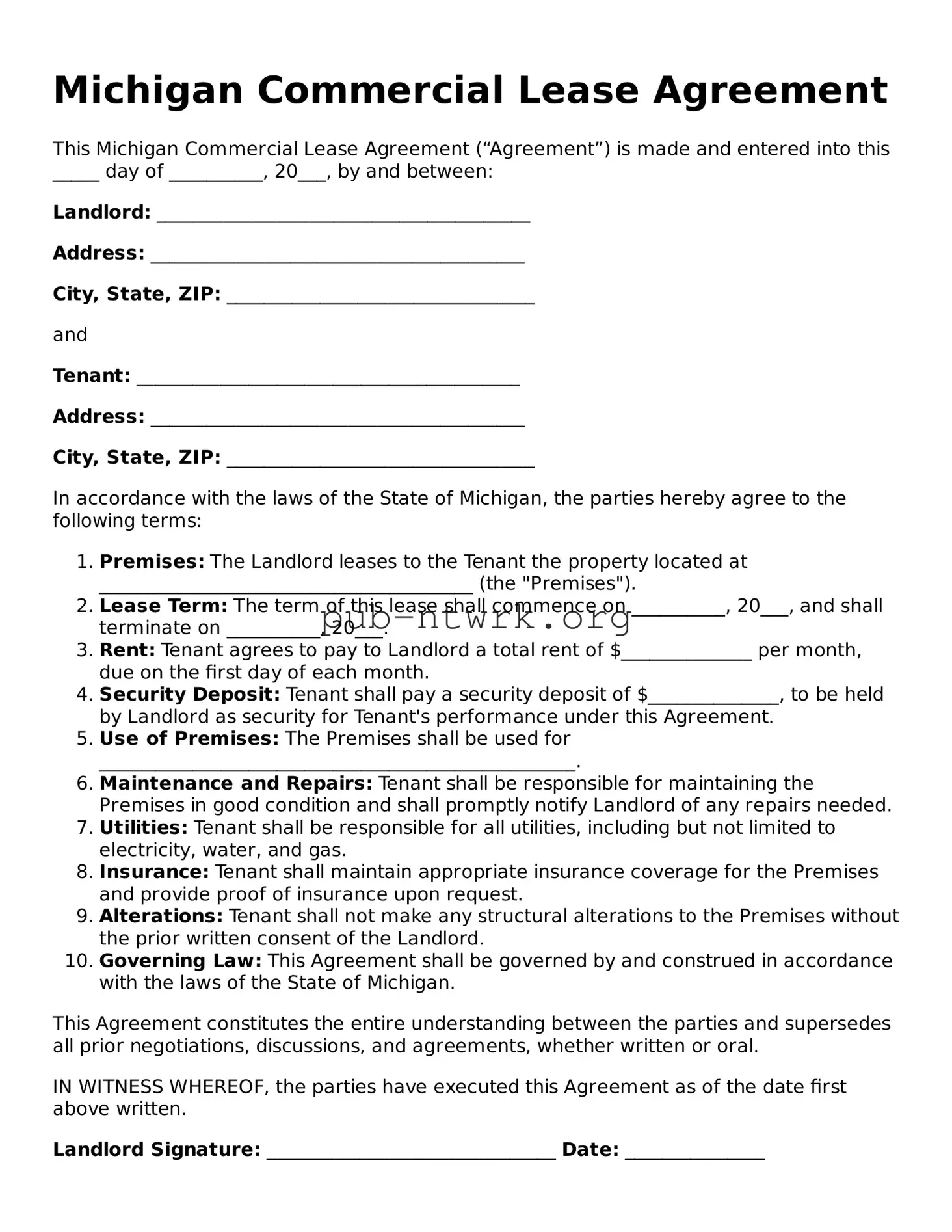 Free Michigan Commercial Lease Agreement Form