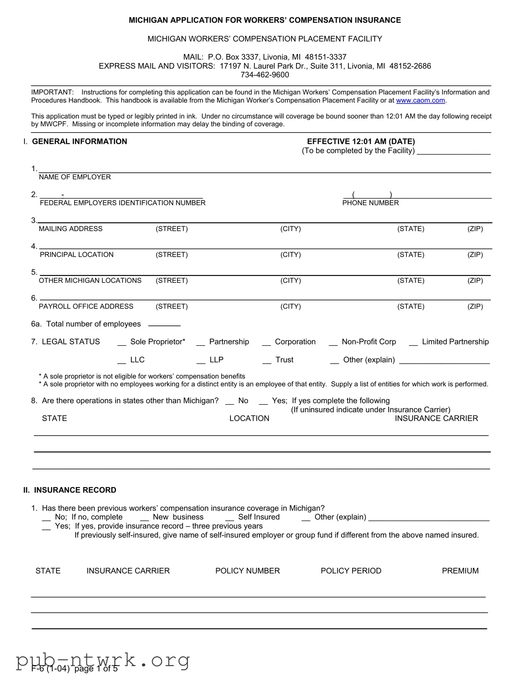 Blank Michigan F 6 PDF Form