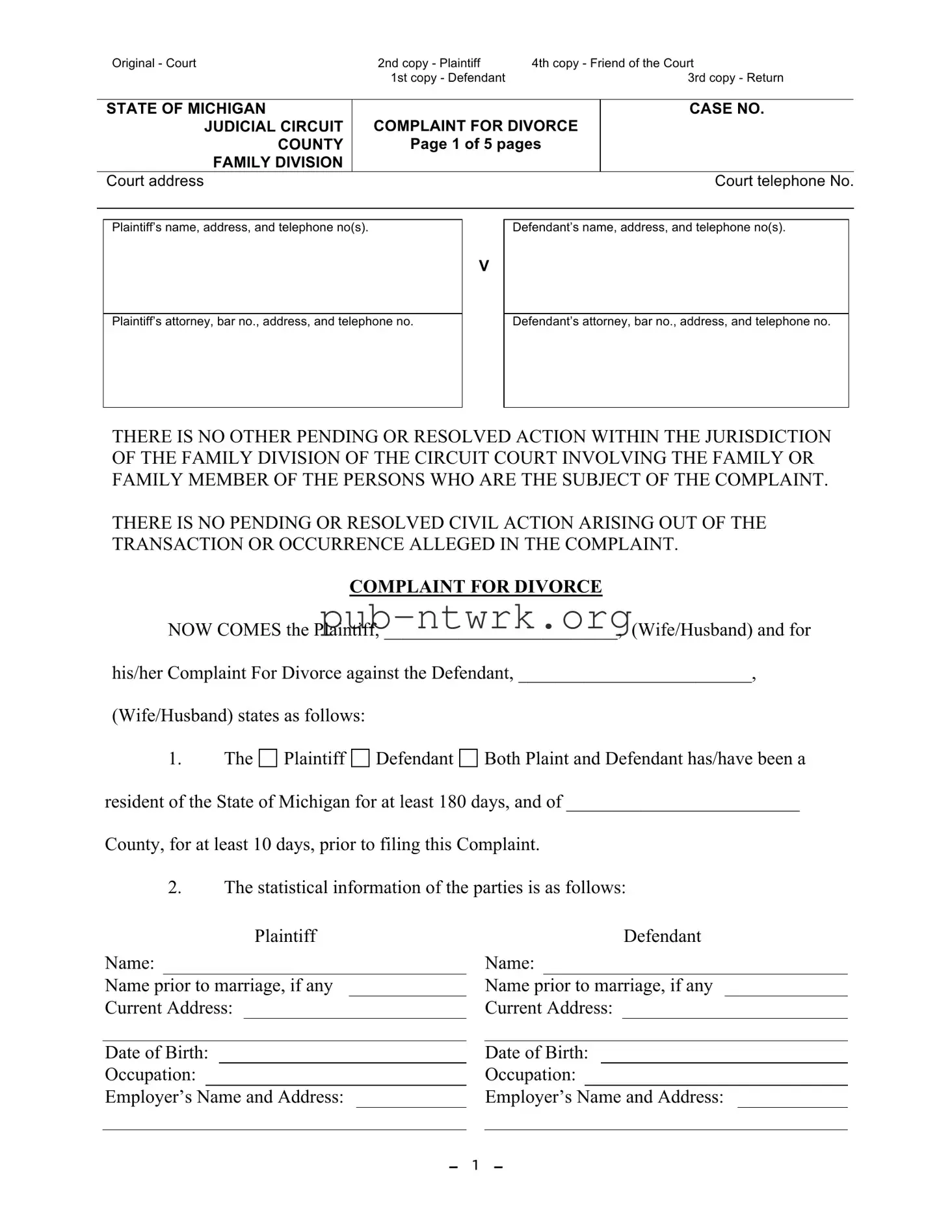 Blank Michigan Complaint Divorce PDF Form
