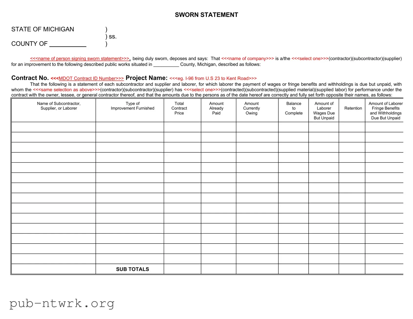 Blank Michigan Sworn Statement PDF Form