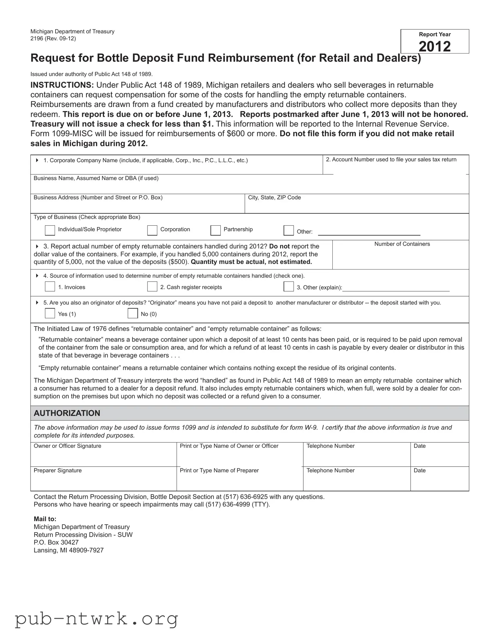 Blank Michigan 2196 PDF Form