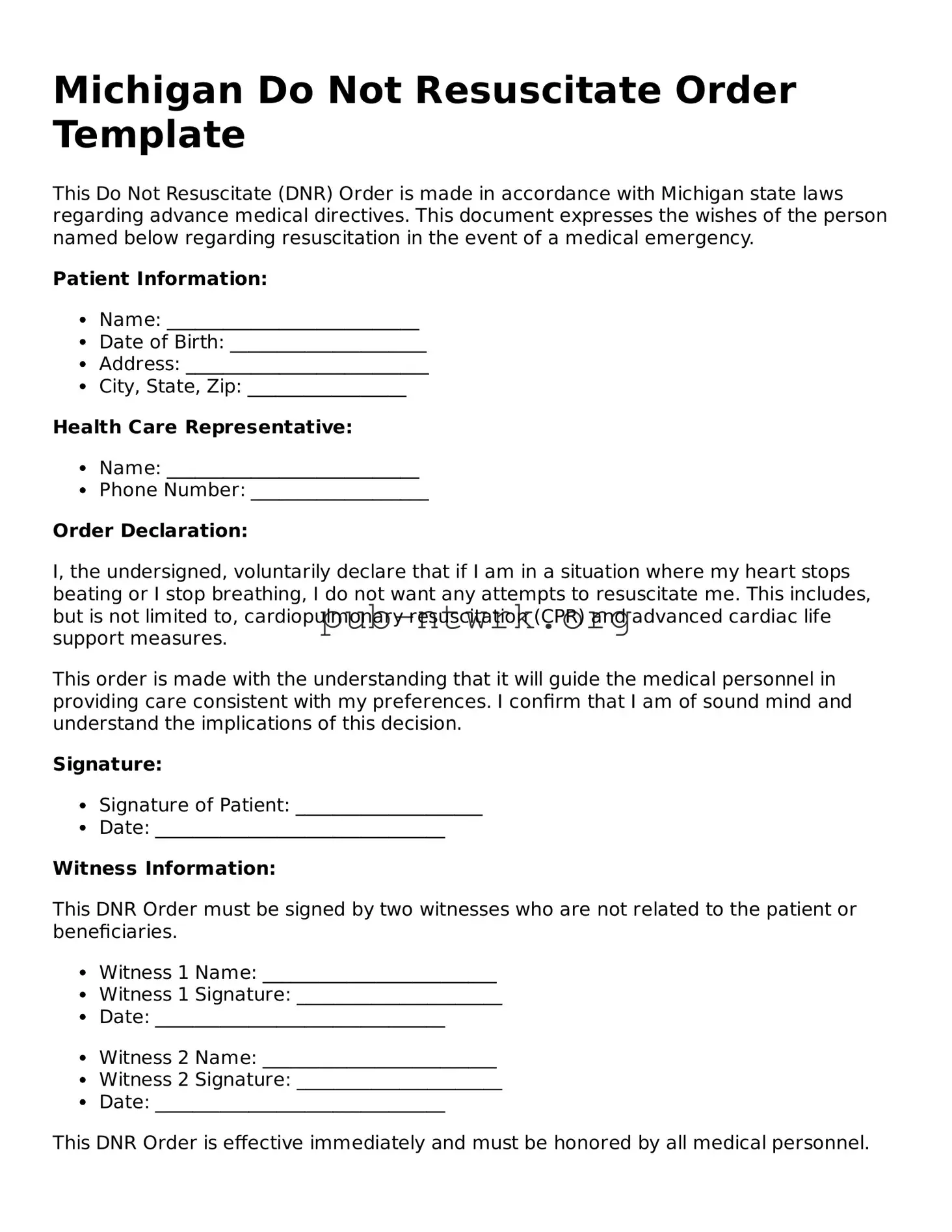 Free Michigan Do Not Resuscitate Order Form