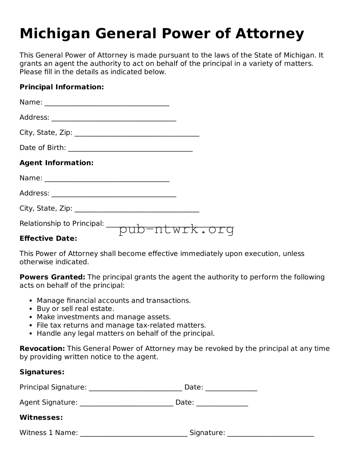 Free Michigan General Power of Attorney Form