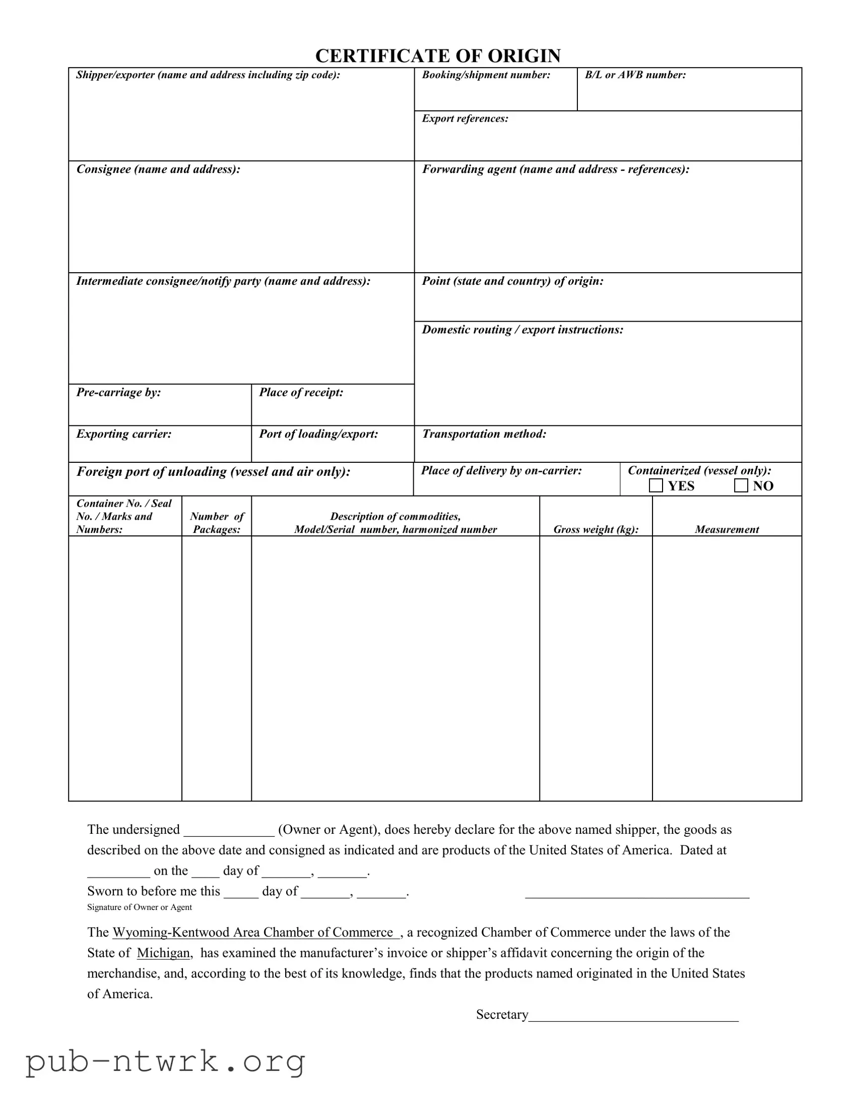 Blank Michigan Certificate Of Origin PDF Form