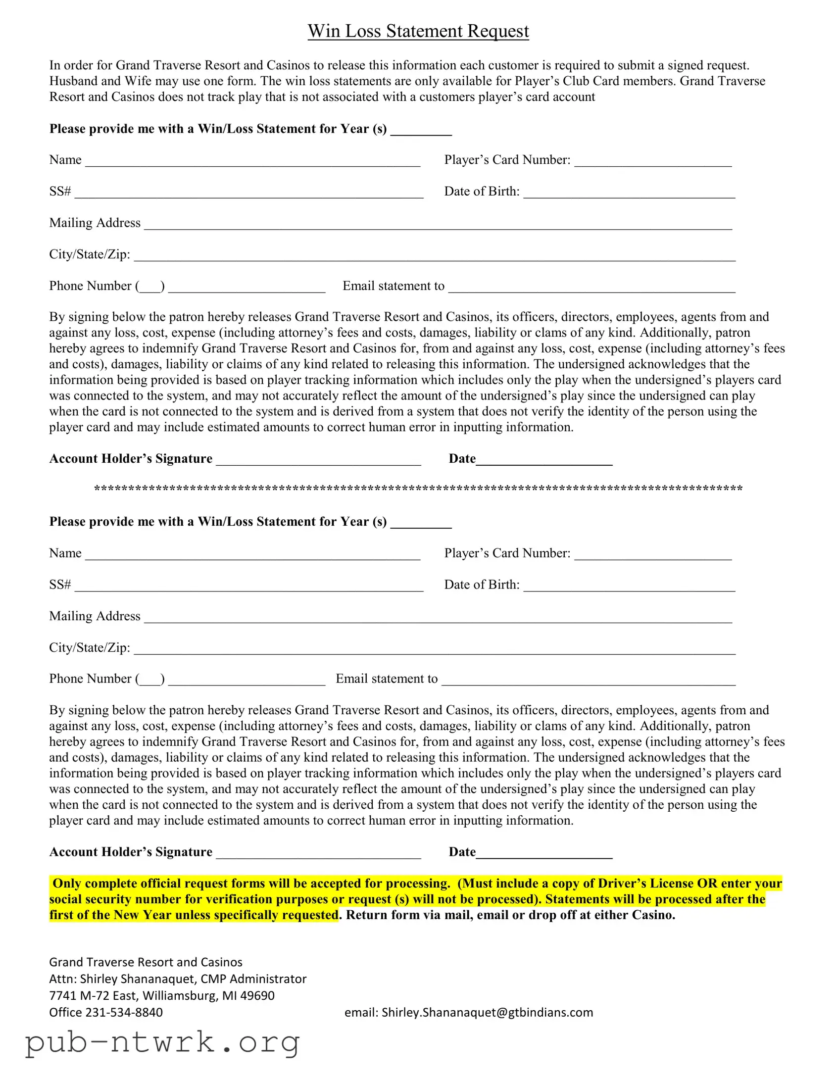 Blank Michigan Win Loss Statement PDF Form