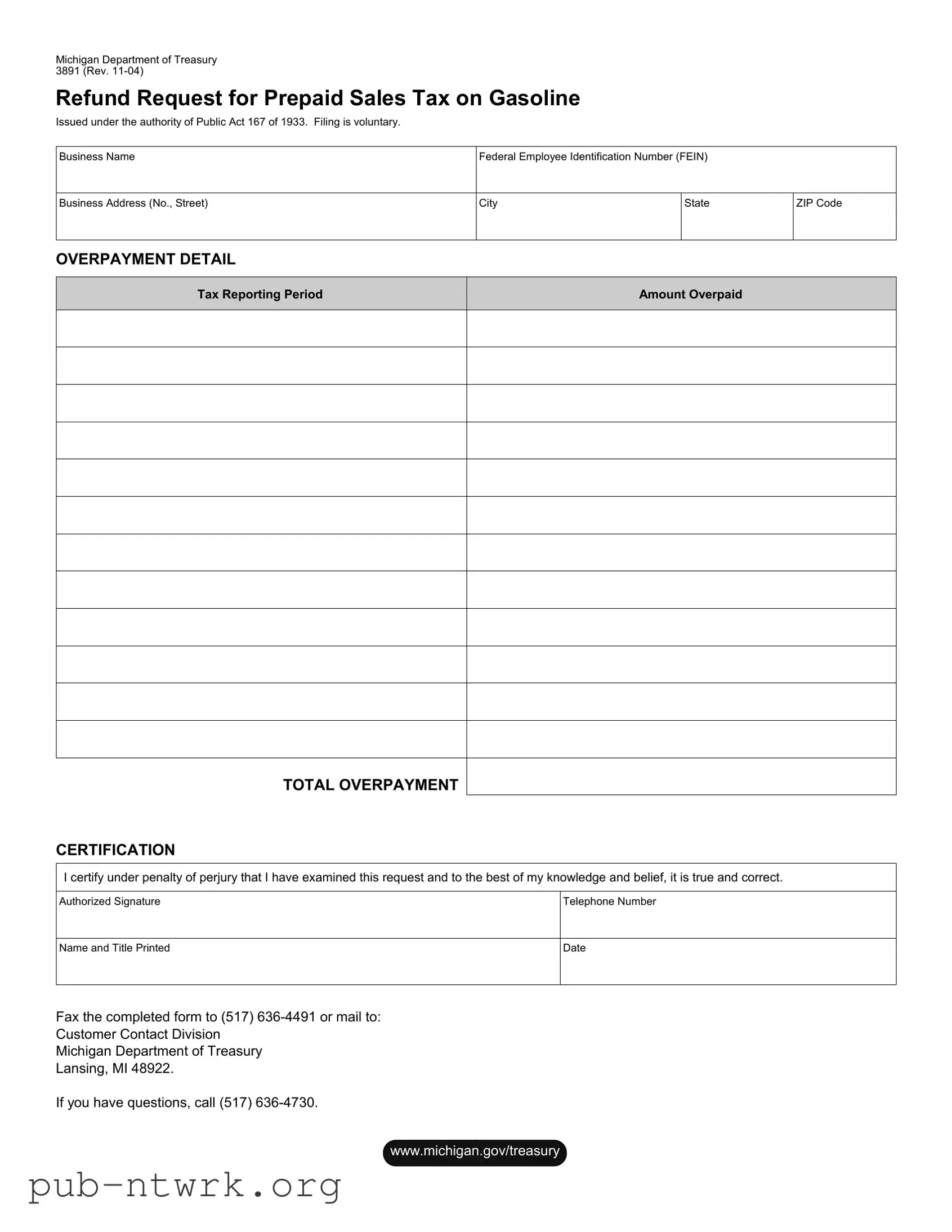 Blank Michigan 3891 PDF Form