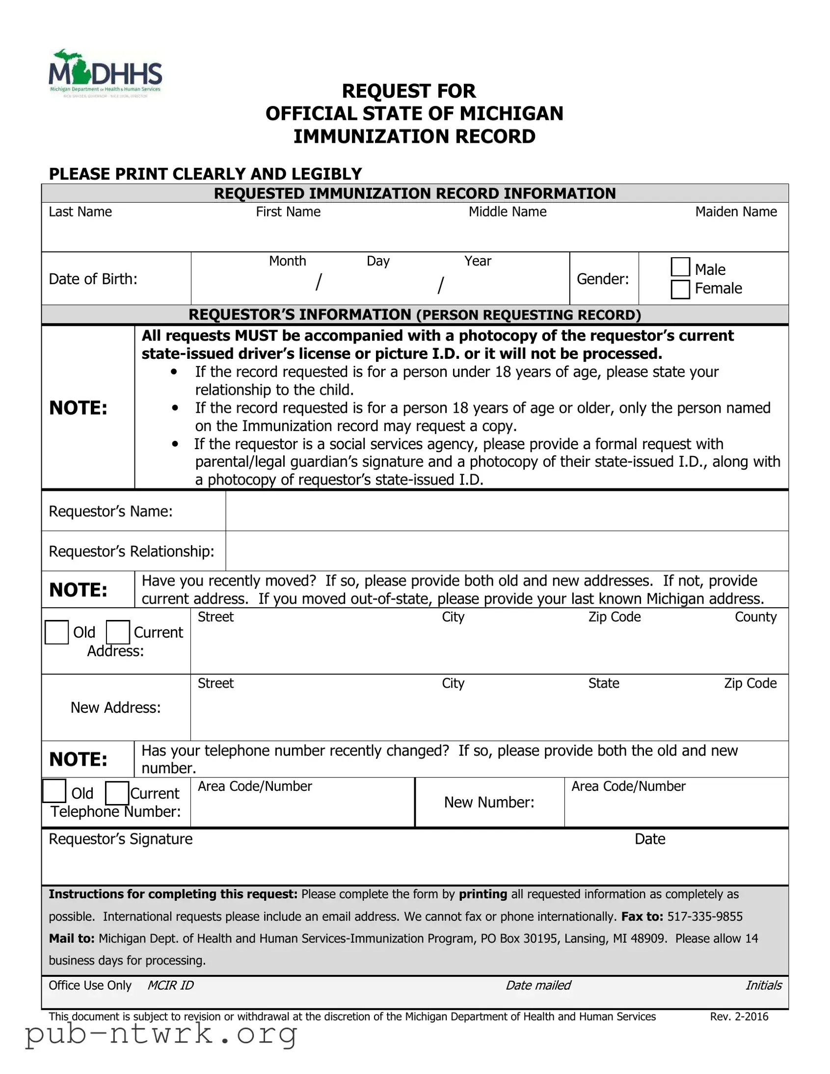 Blank Michigan Immunization Record PDF Form