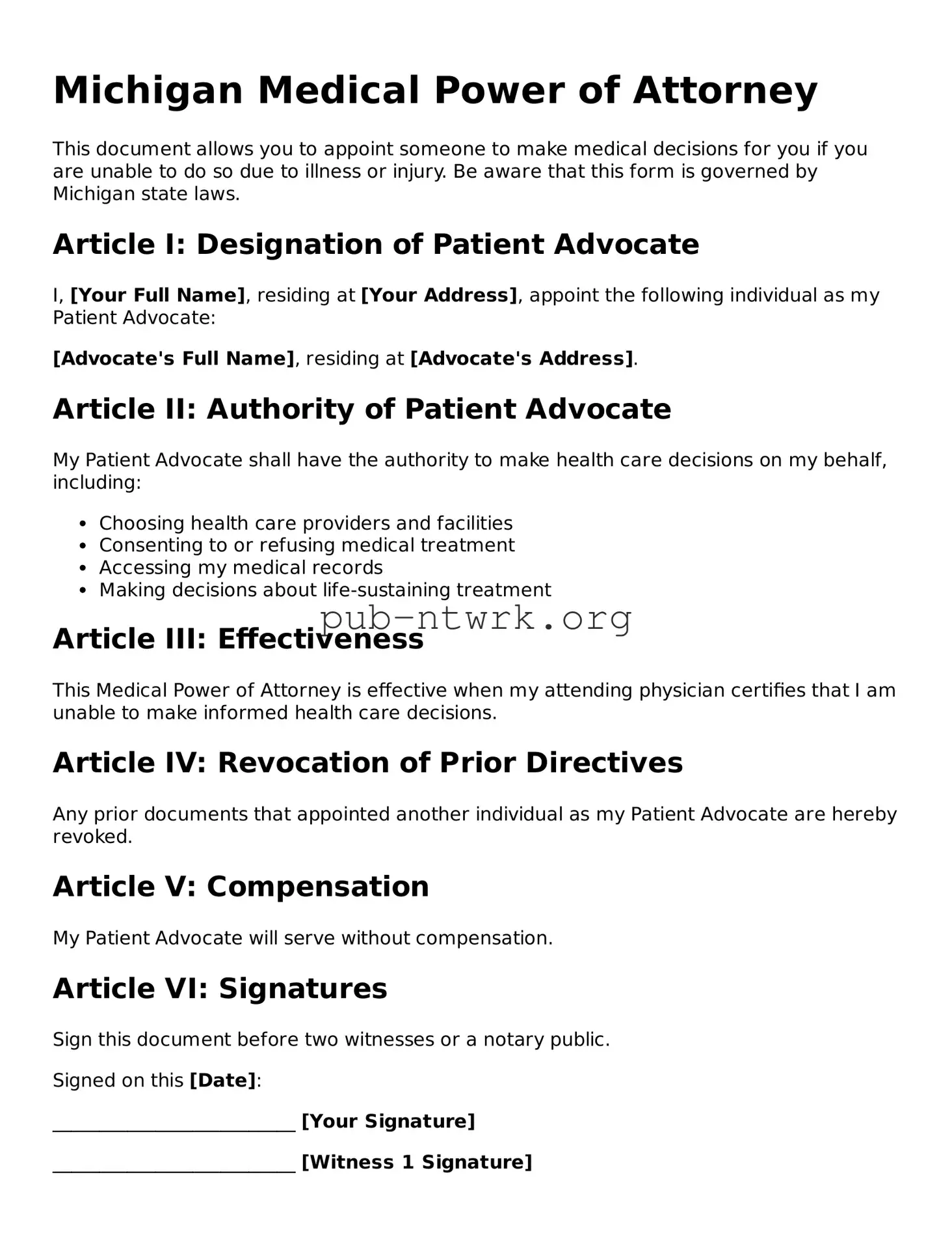 Free Michigan Medical Power of Attorney Form