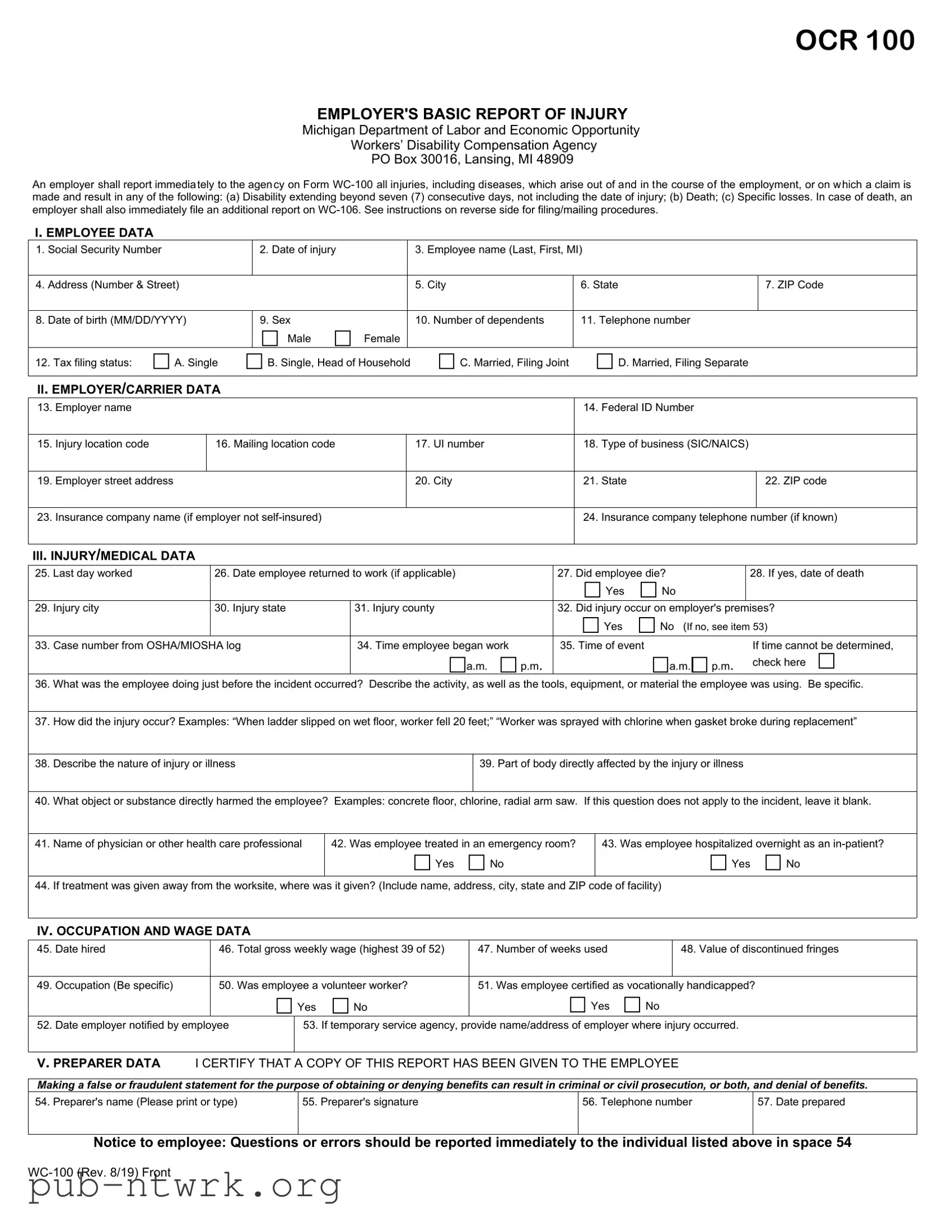 Blank Michigan Wc 100 PDF Form