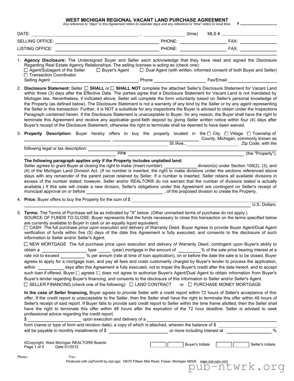 Blank West Michigan Vacant Land Agreement PDF Form