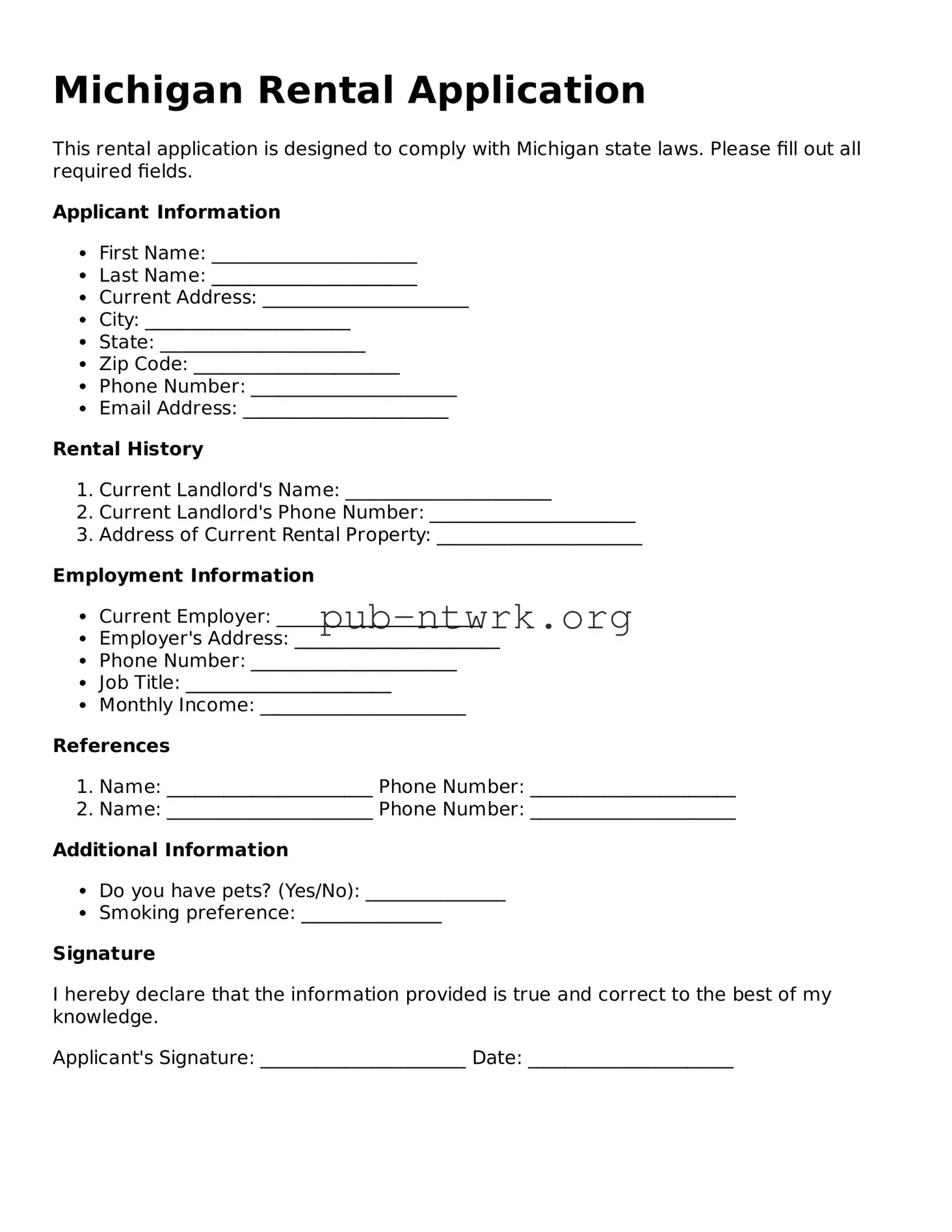 Free Michigan Rental Application Form