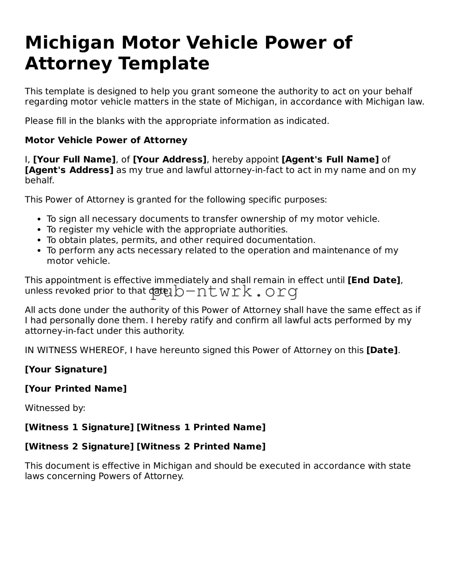 Free Michigan Motor Vehicle Power of Attorney Form