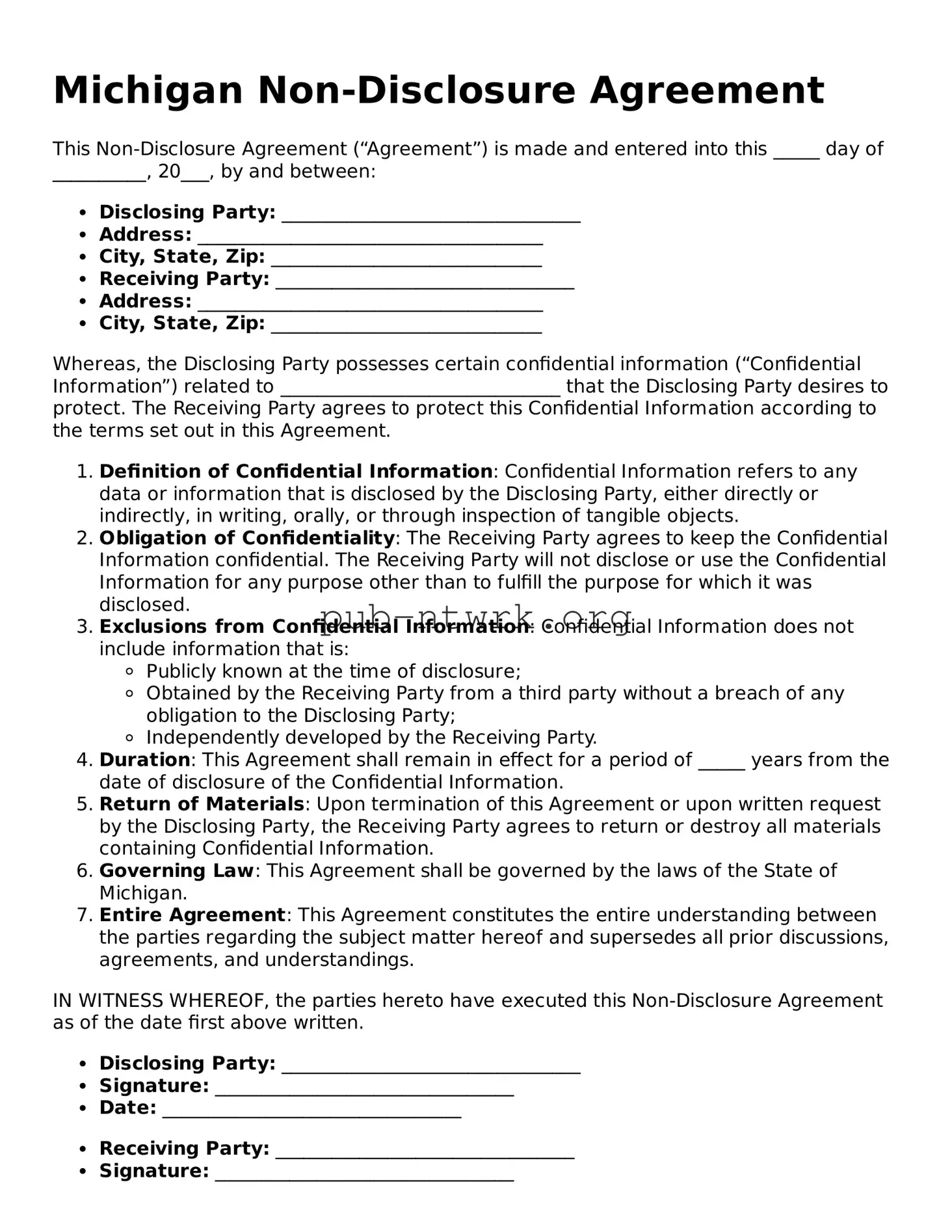 Free Michigan Non-disclosure Agreement Form