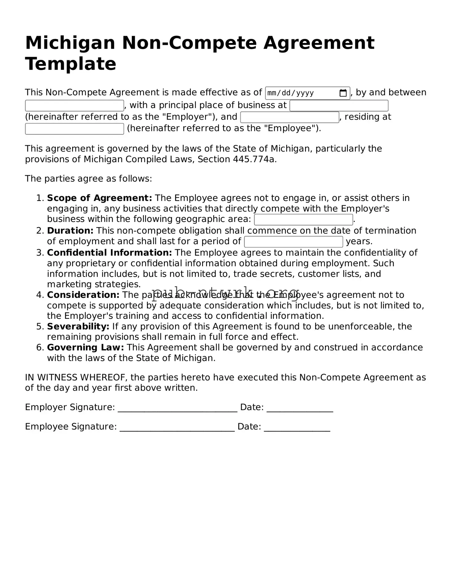 Free Michigan Non-compete Agreement Form