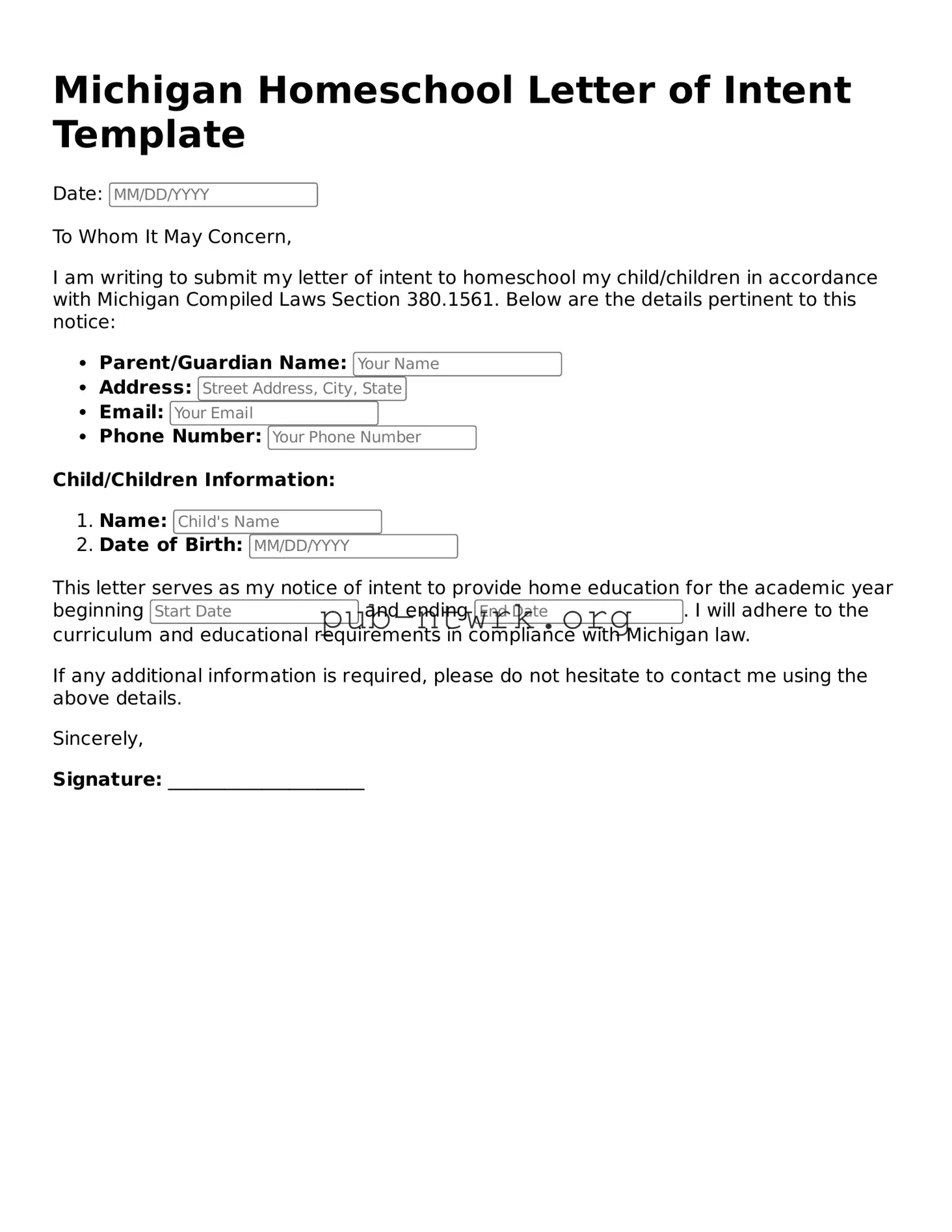 Free Michigan Homeschool Letter of Intent Form