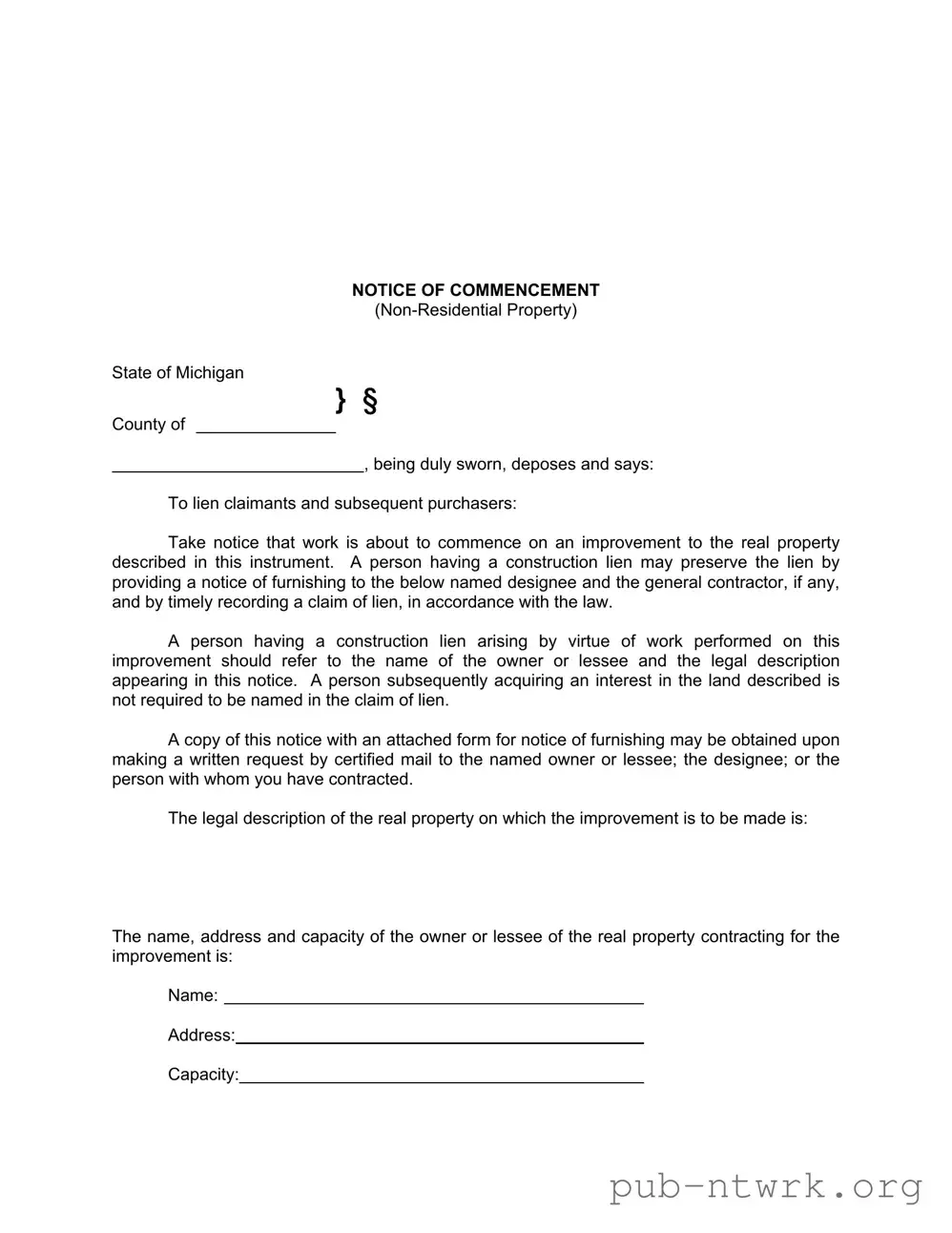 Blank Notice Commencement Michigan PDF Form