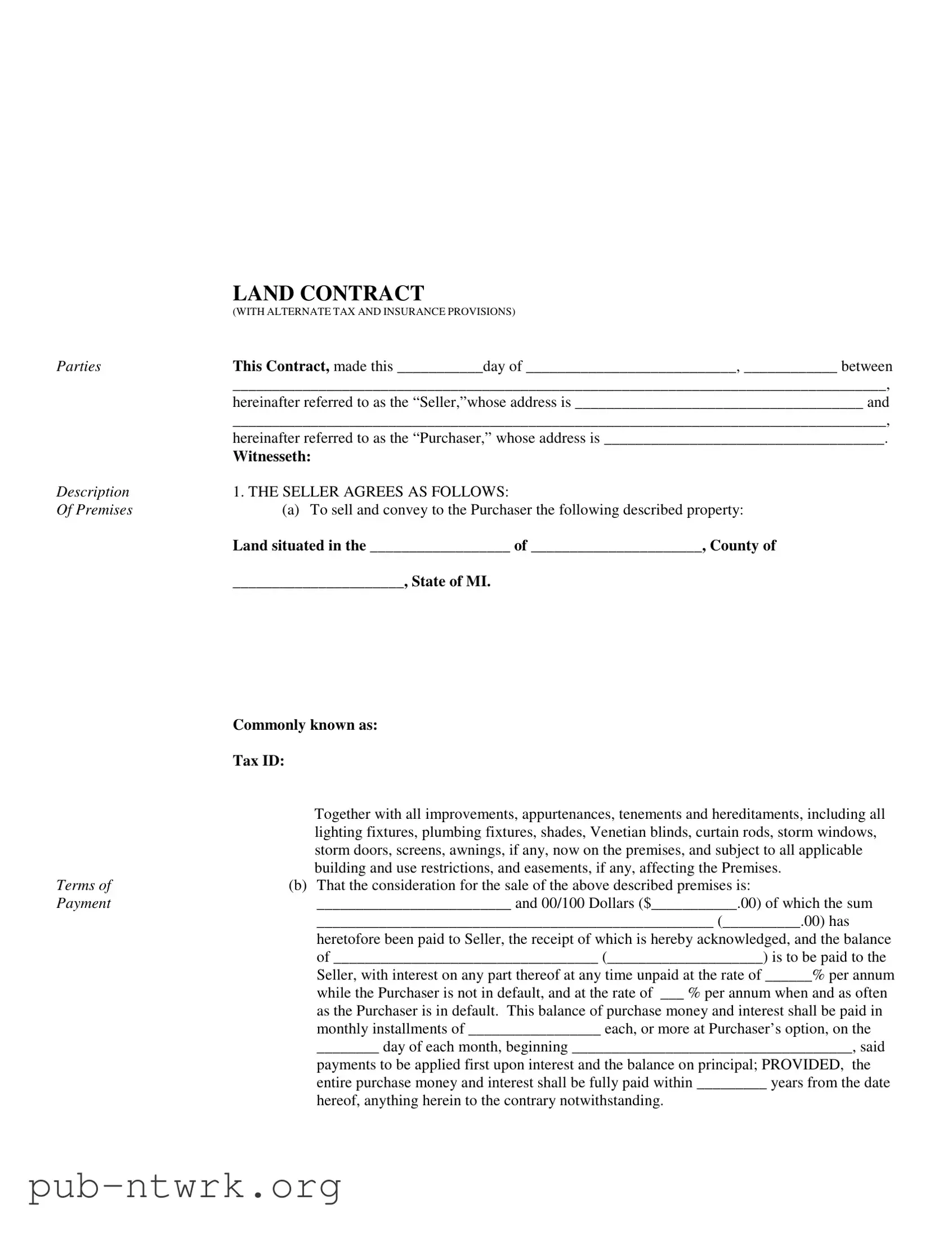 Blank Indiana Land Contract Example PDF Form