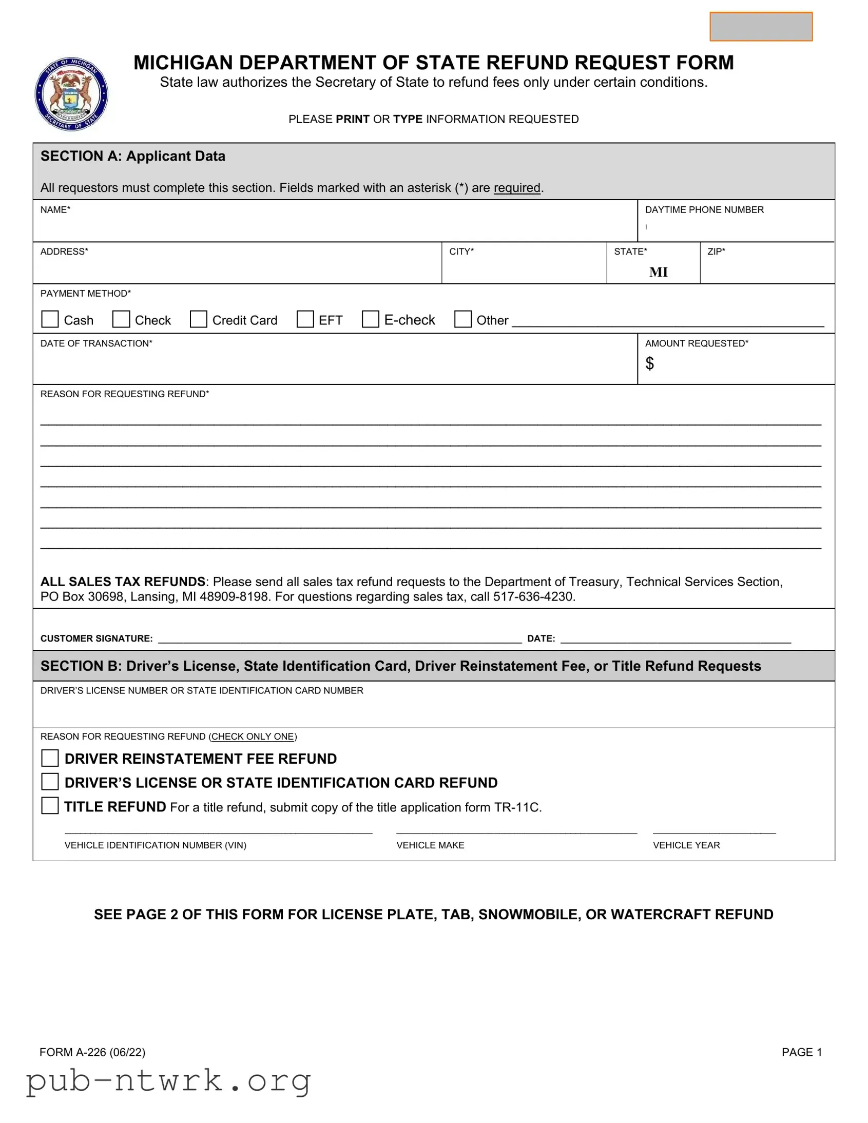 Blank Michigan A 226 PDF Form