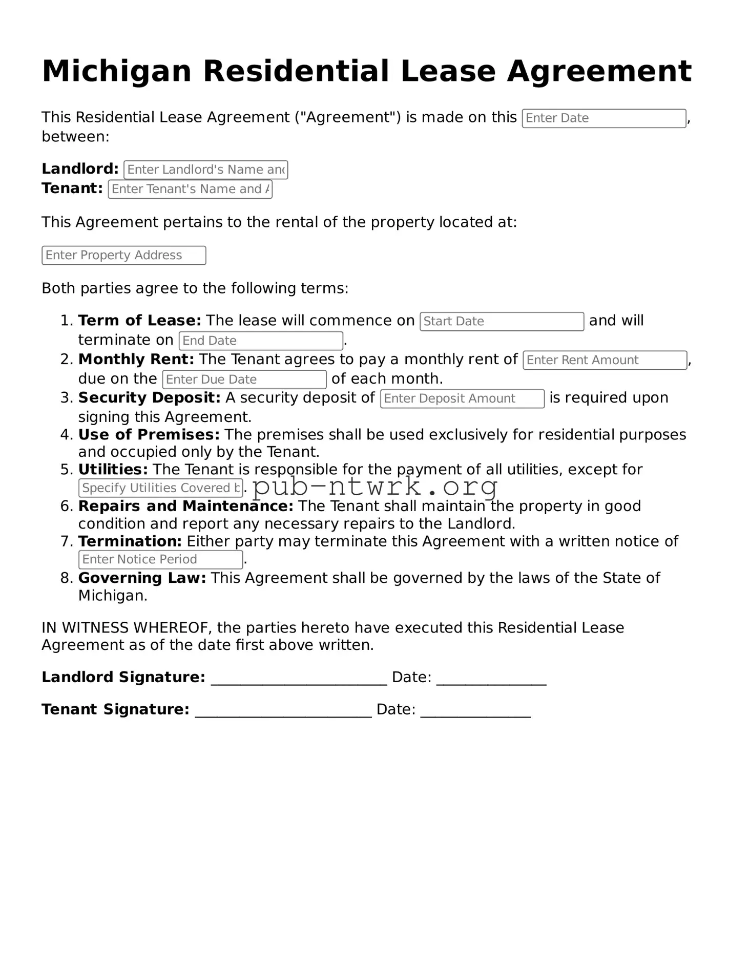Free Michigan Residential Lease Agreement Form