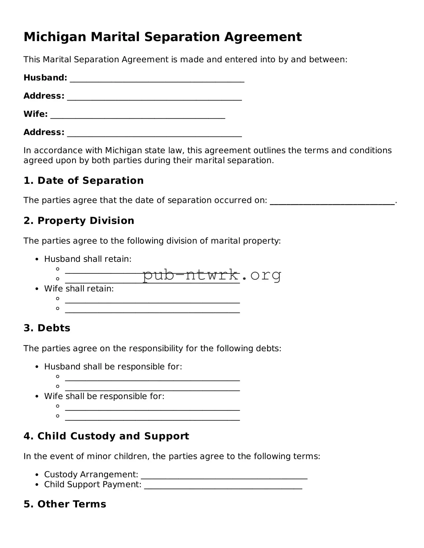 Free Michigan Marital Separation Agreement Form