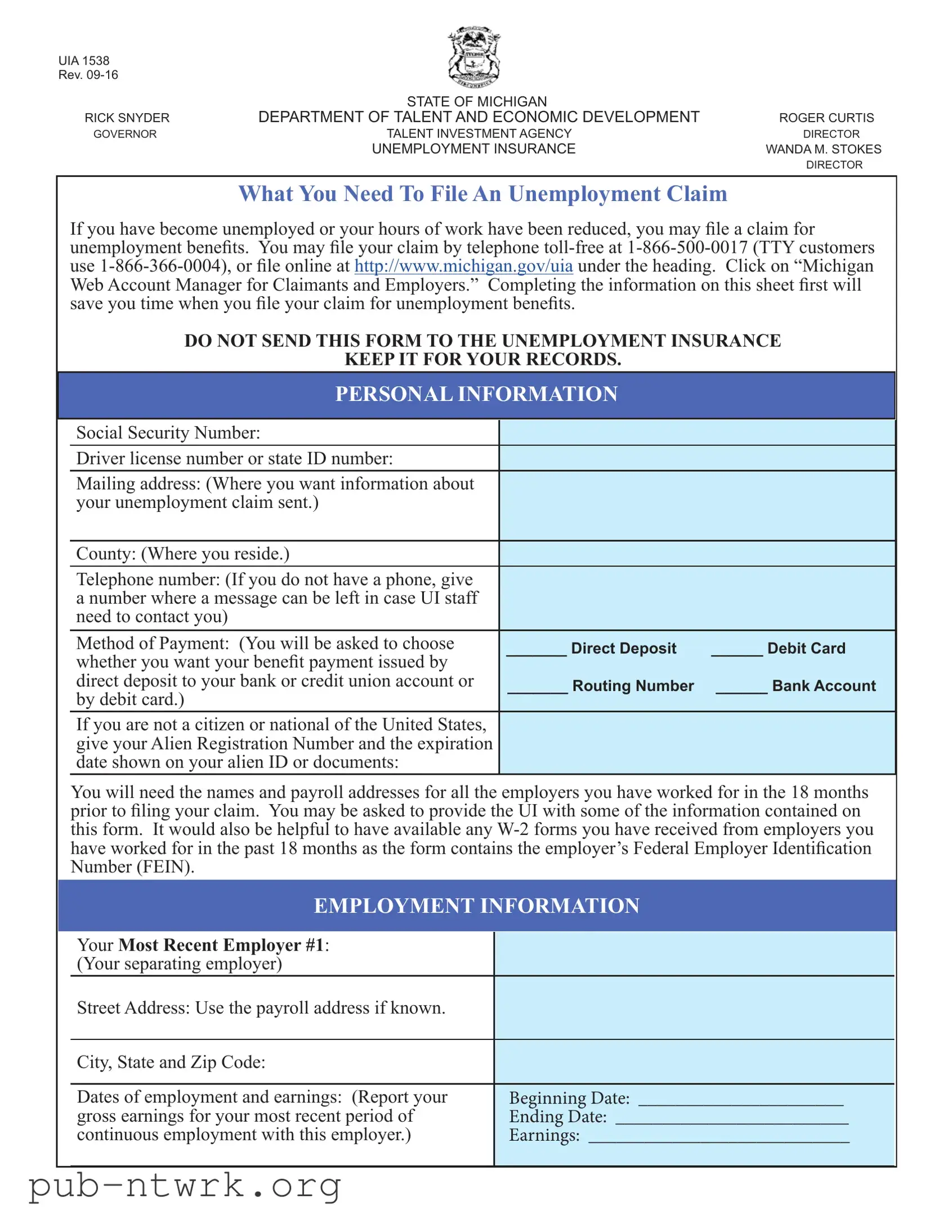Blank Michigan Uia 1538 PDF Form