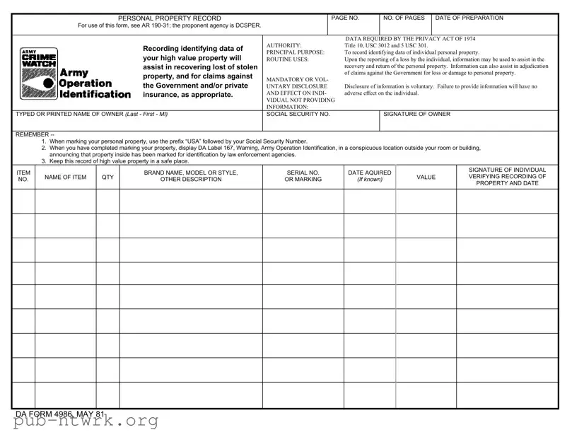 Blank Da 4986 PDF Form