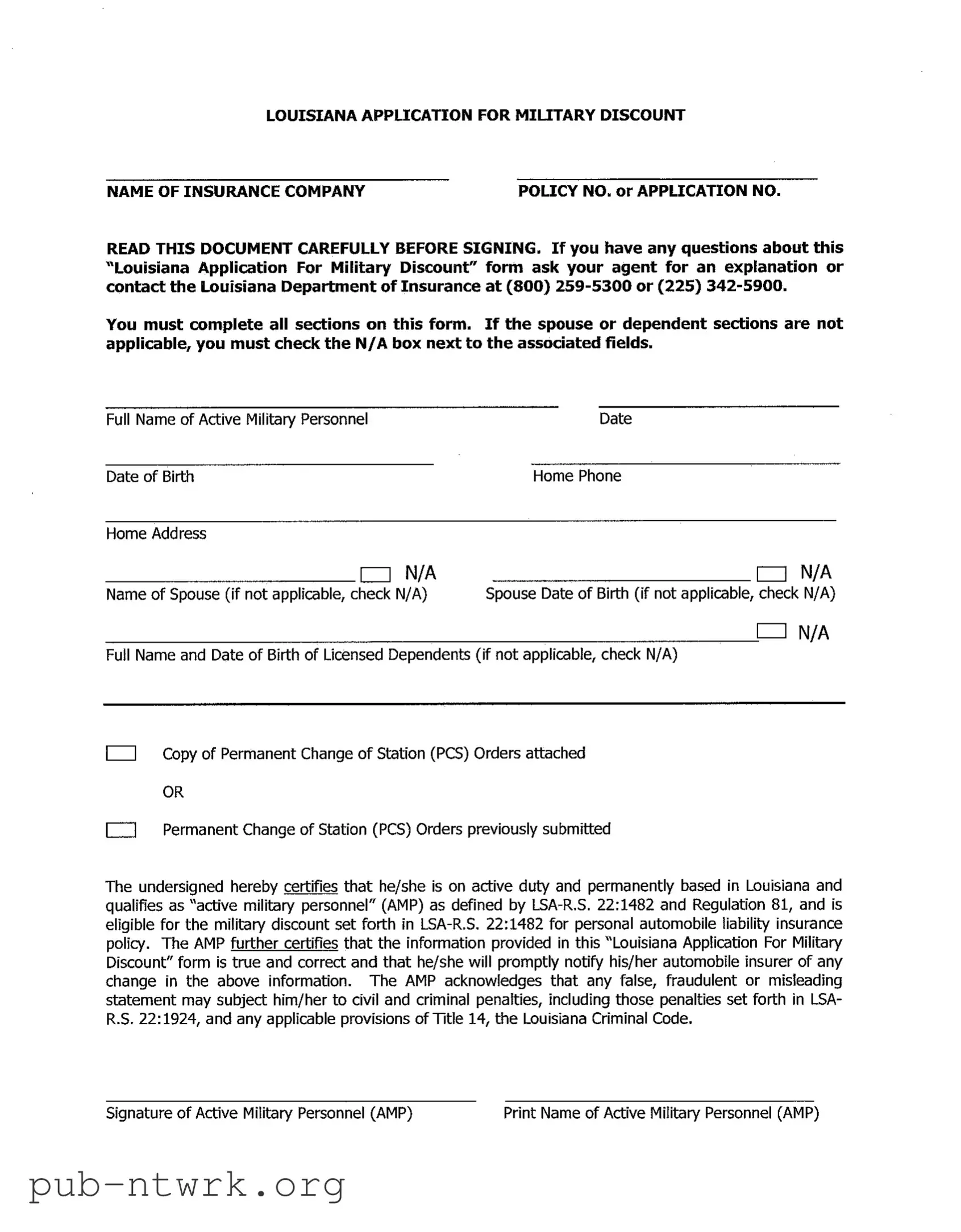 Blank Louisiana Military Discount PDF Form