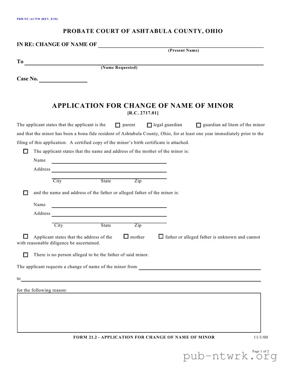 Blank Ohio Prb Nc Acnm PDF Form