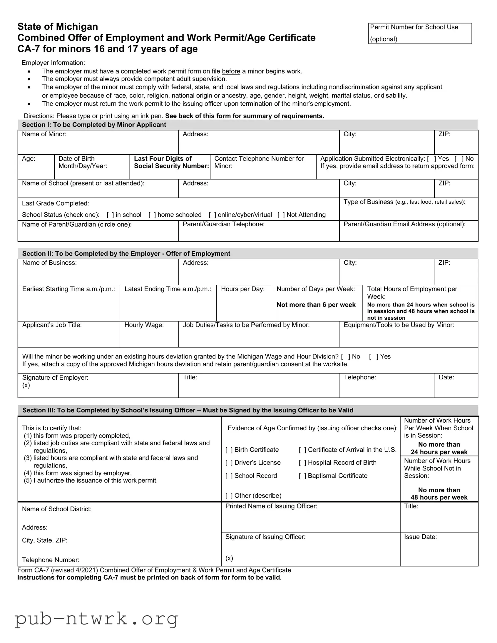 Blank Michigan Permit PDF Form
