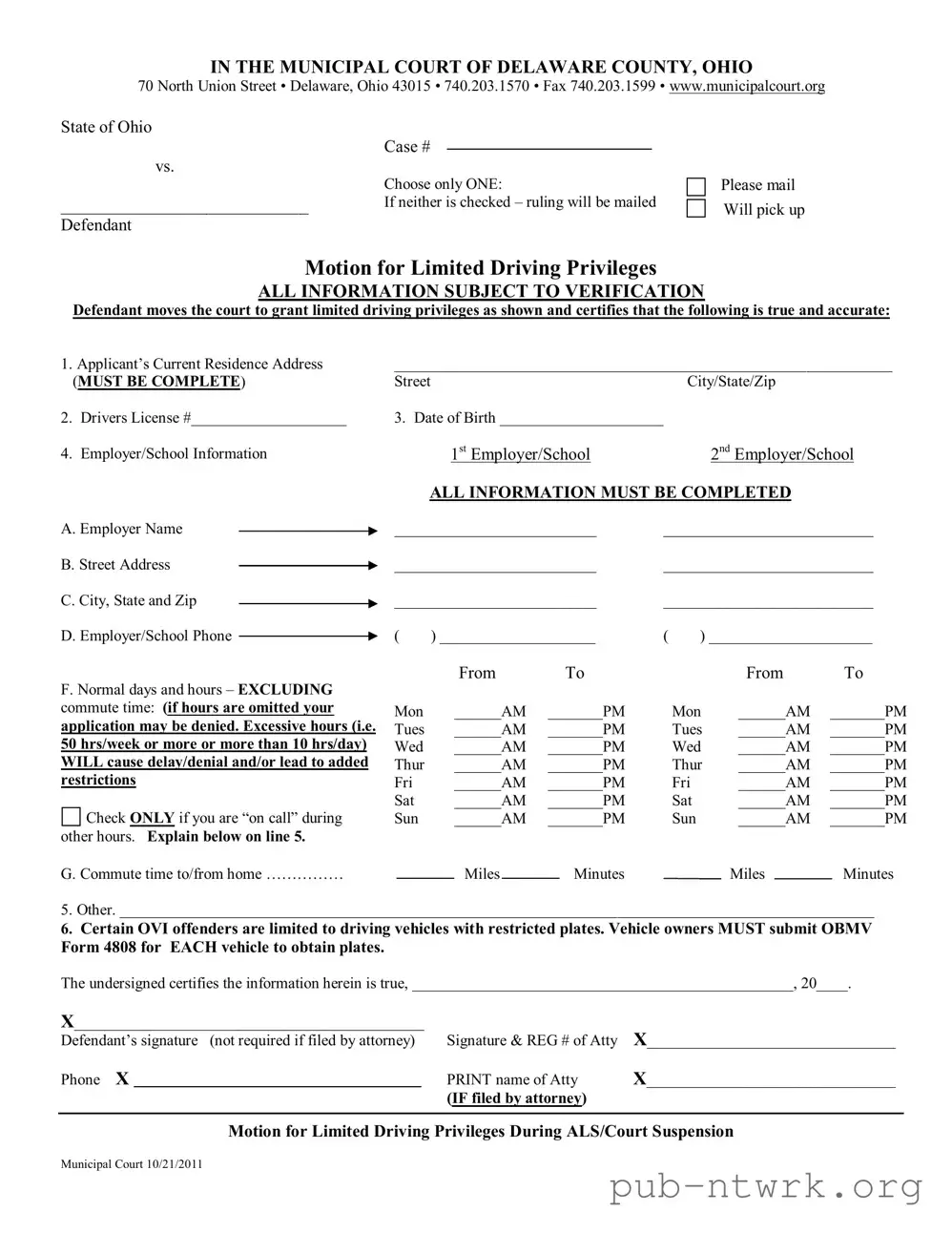 Blank Ohio Motion Driving Privileges PDF Form
