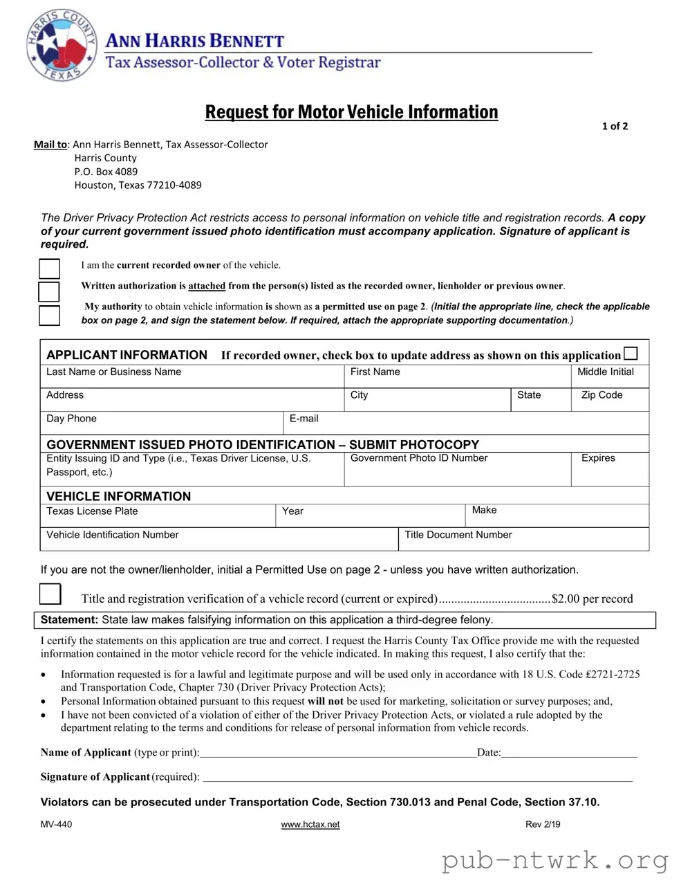 Blank Texas Mv 440 PDF Form