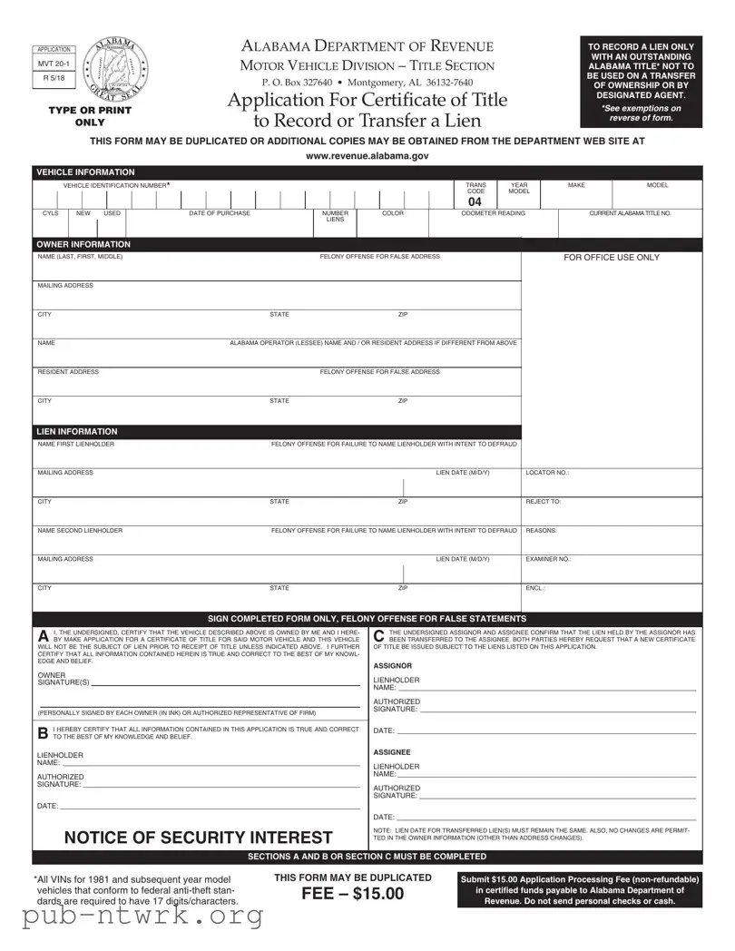 Blank Alabama Mvt 20 1 PDF Form
