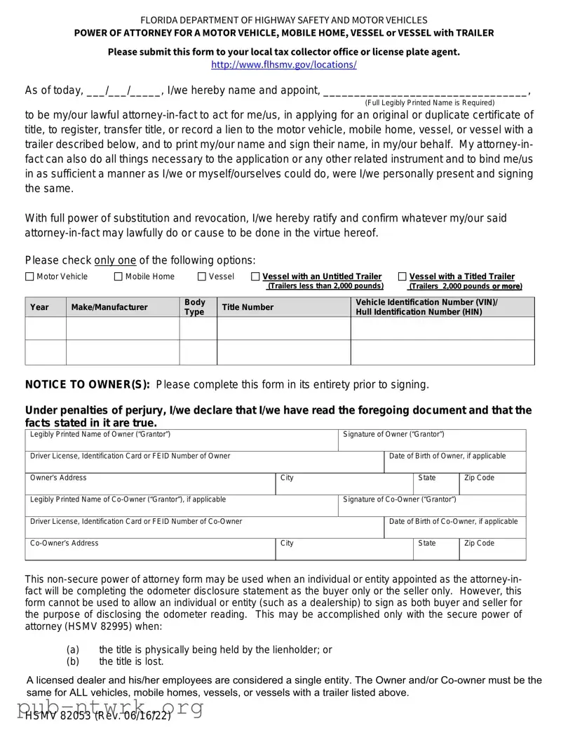 Blank Florida Vehicle POA form 82053 PDF Form