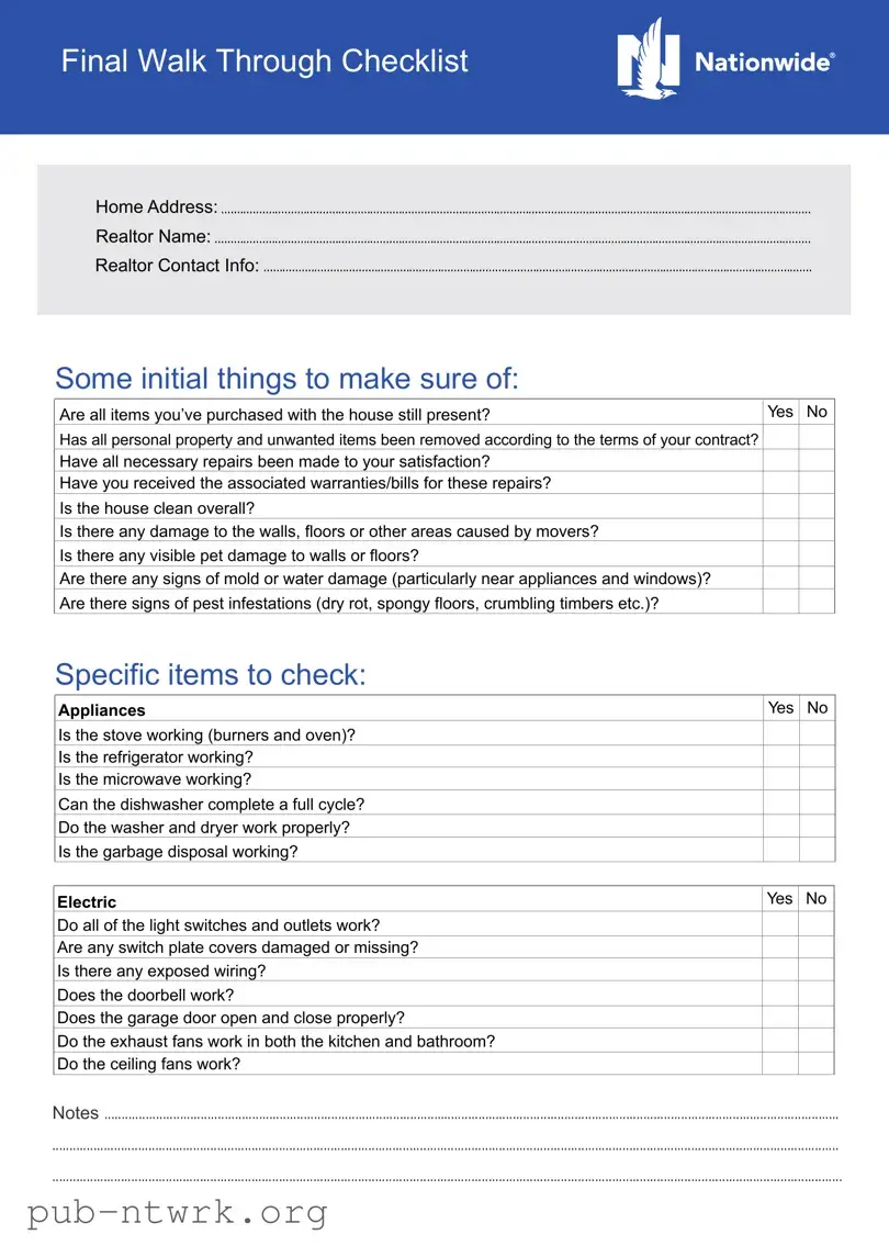 Blank Final Walk Through Checklist PDF Form