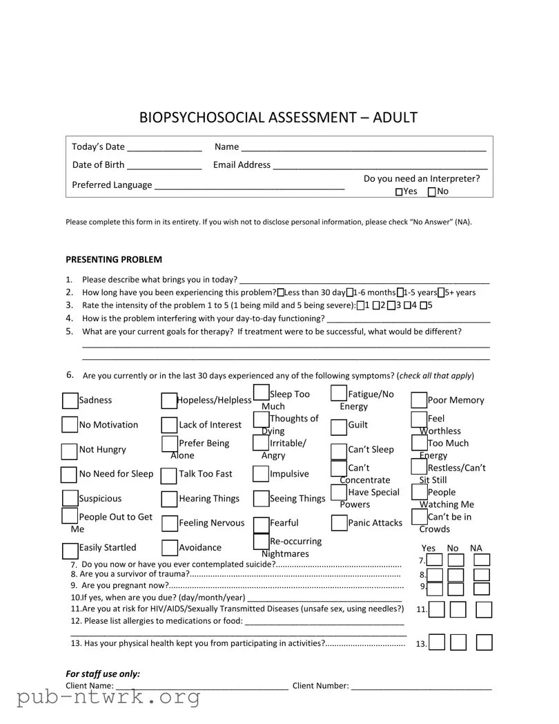 Blank Biopsychosocial Assessment Social Work PDF Form