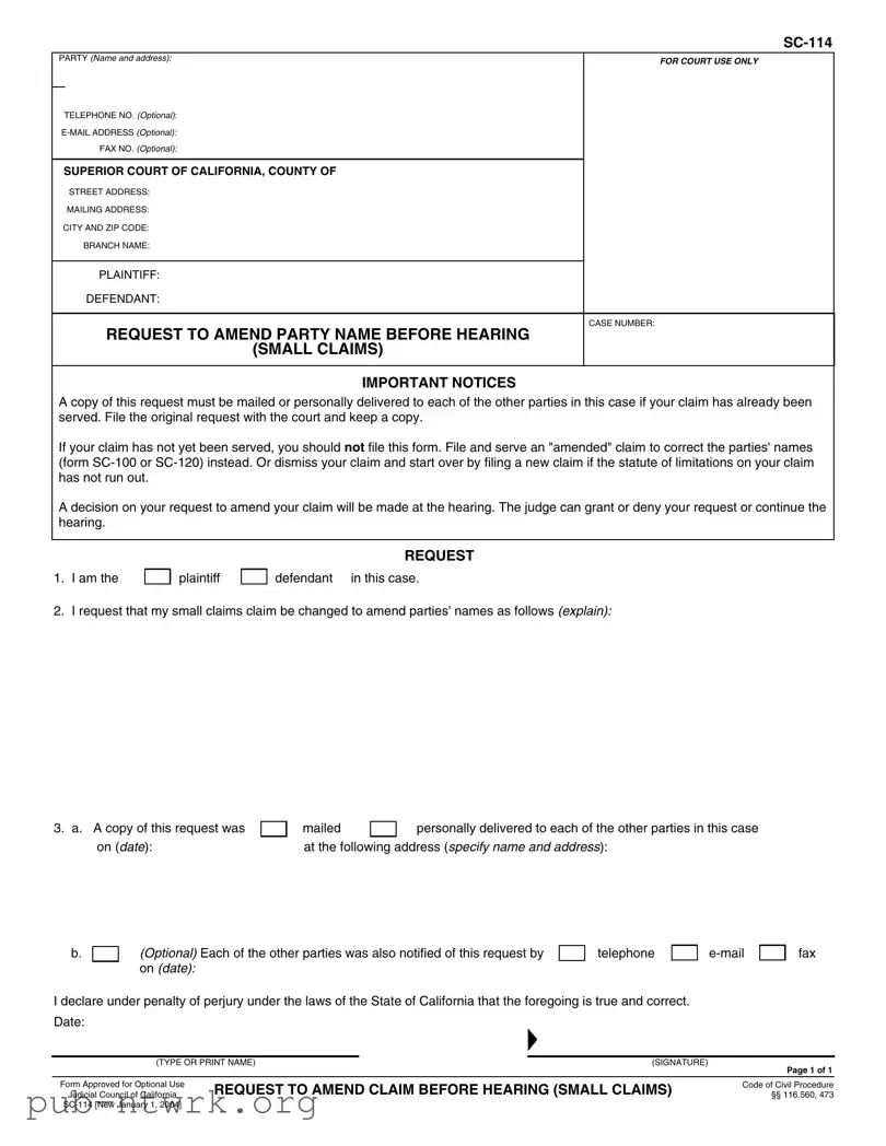 Blank California Sc 114 PDF Form