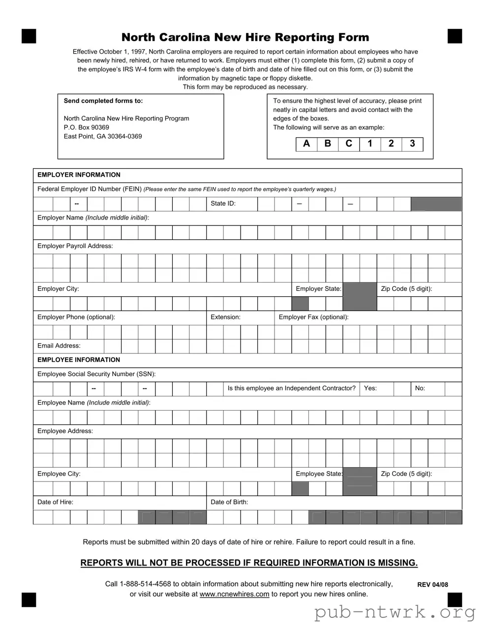 Blank North Carolina Reporting PDF Form