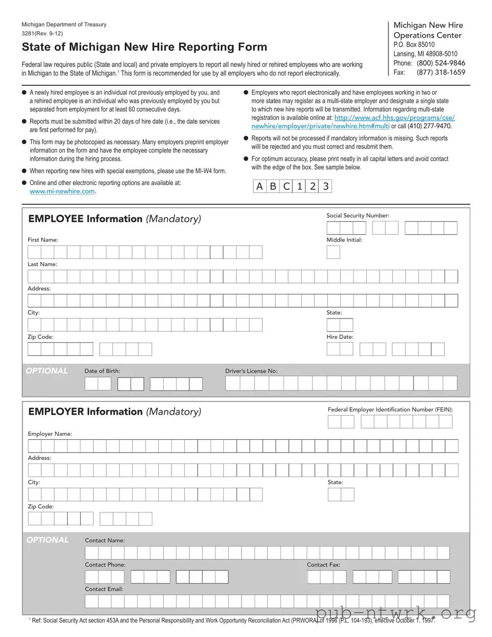 Blank State Of Michigan New Hire Reporting PDF Form