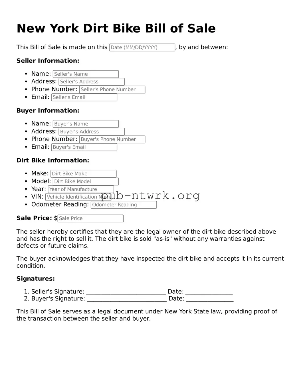 Free New York Dirt Bike Bill of Sale Form