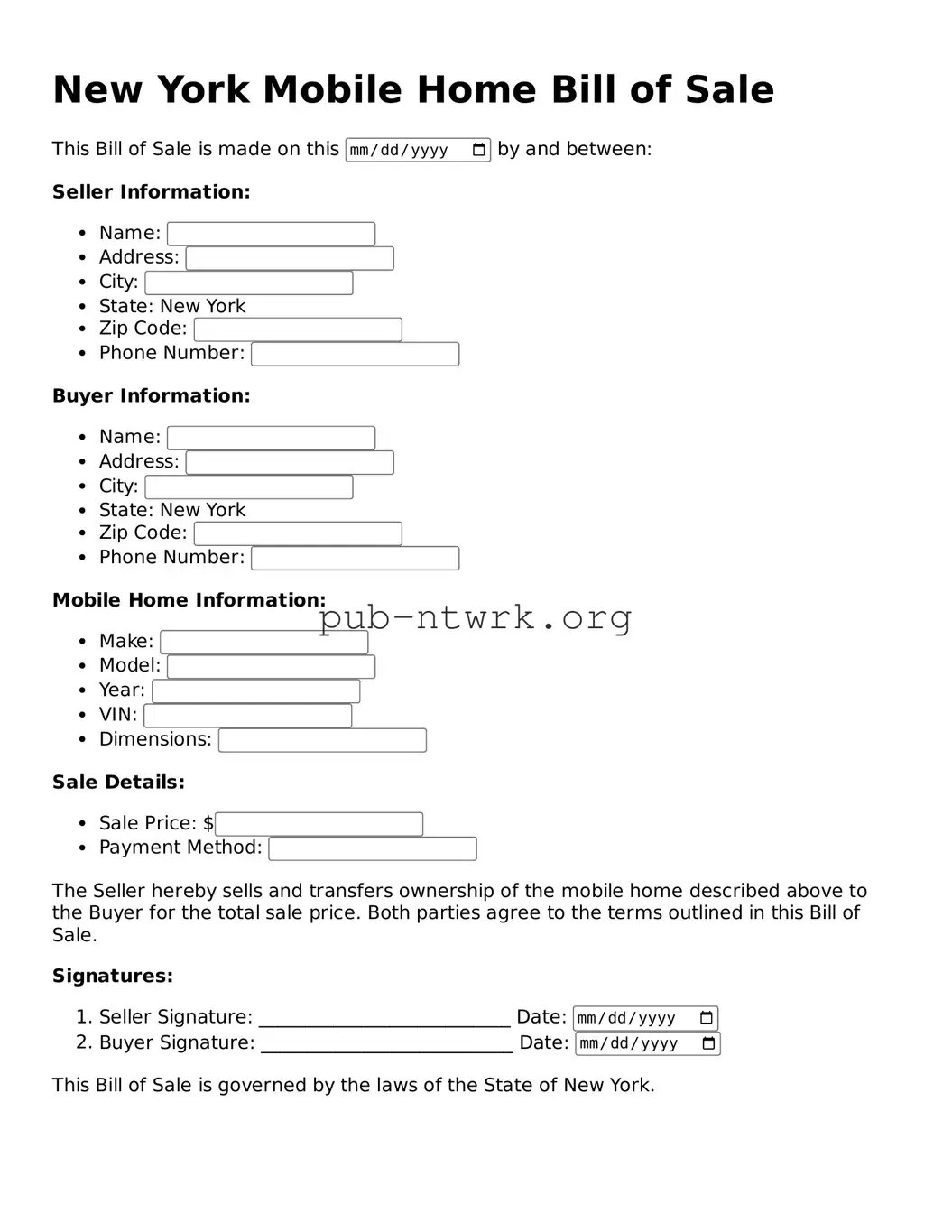 Free New York Mobile Home Bill of Sale Form