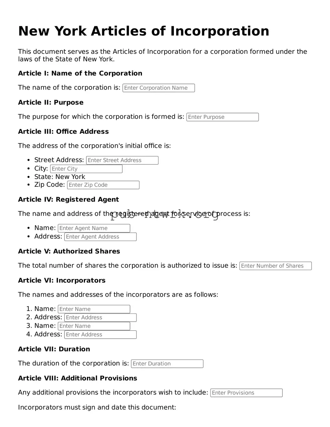 Free New York Articles of Incorporation Form