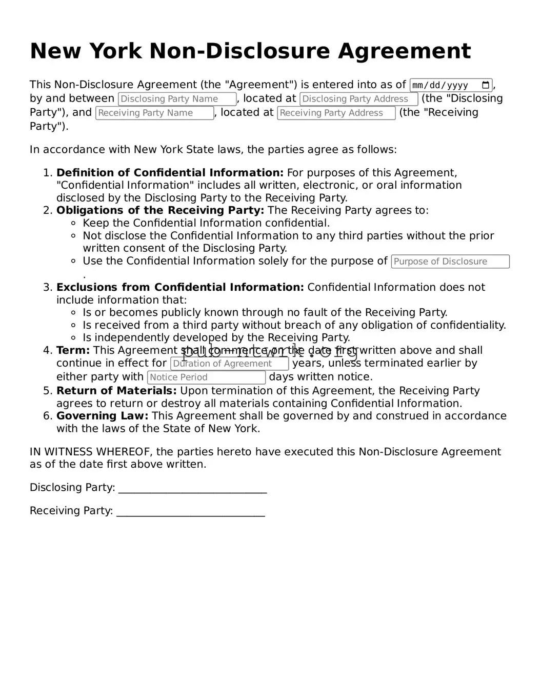 Free New York Non-disclosure Agreement Form