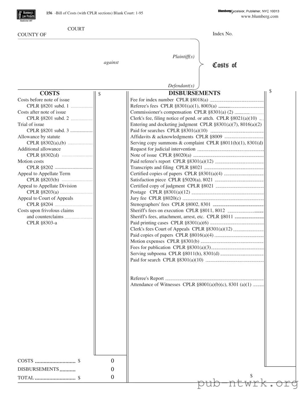 Blank New York Bill Costs PDF Form