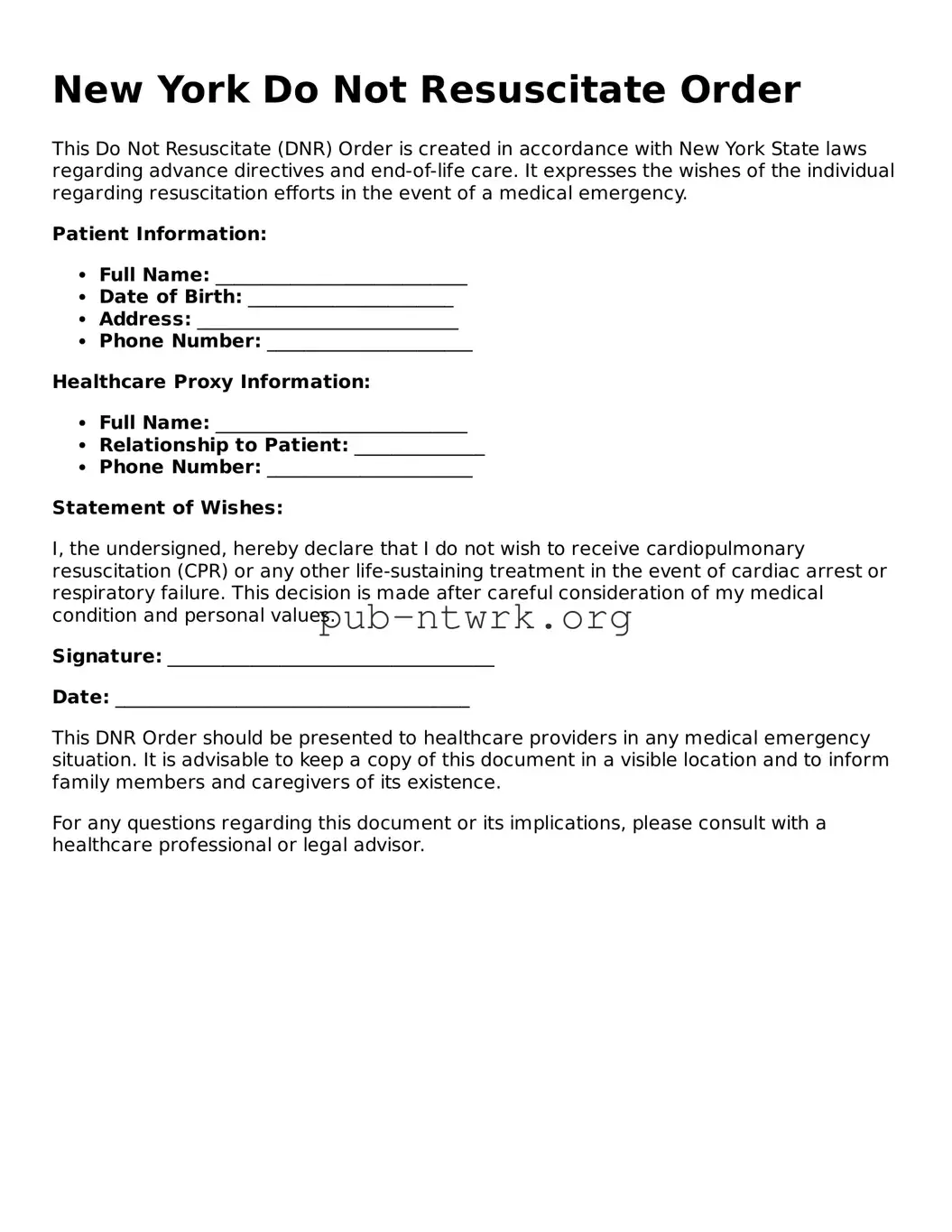 Free New York Do Not Resuscitate Order Form