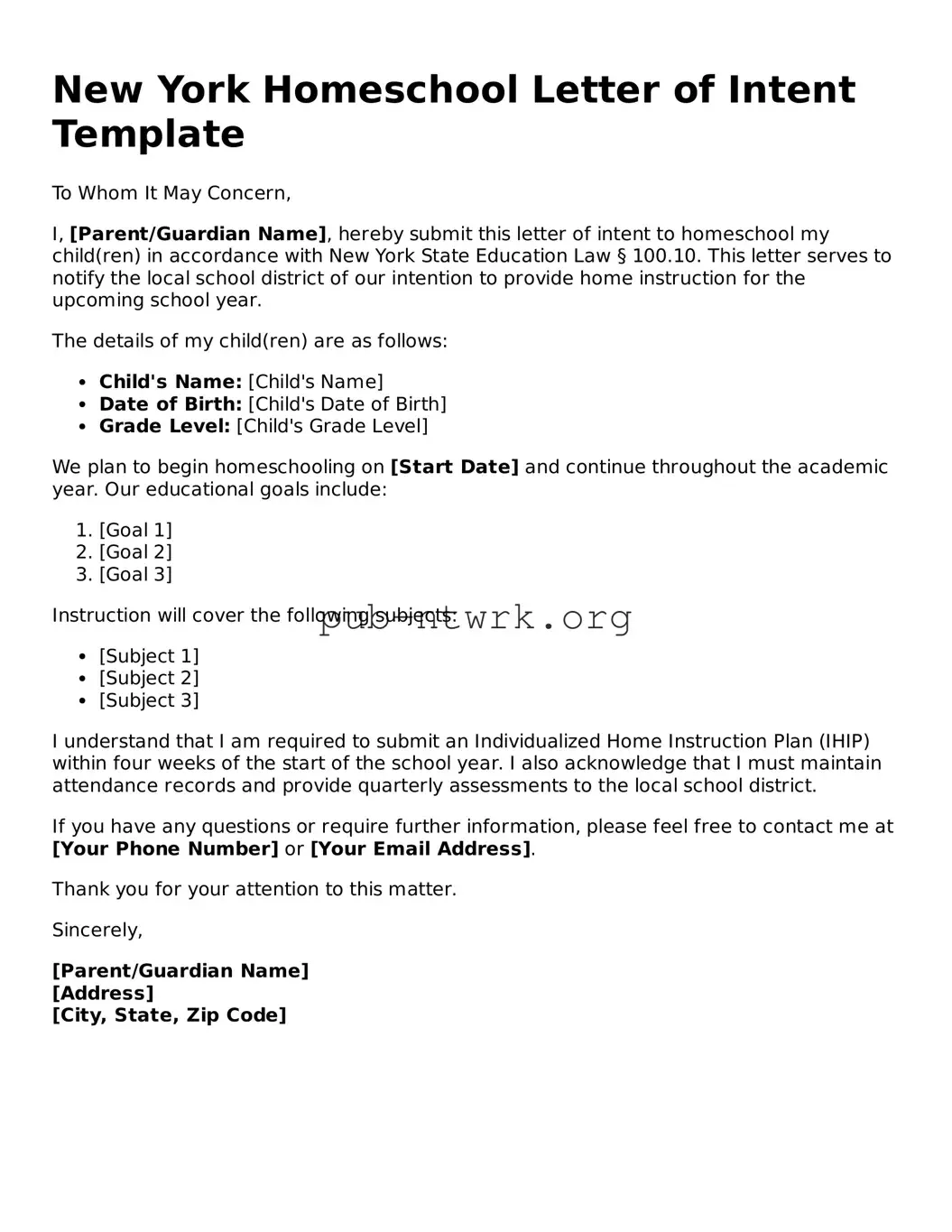 Free New York Homeschool Letter of Intent Form