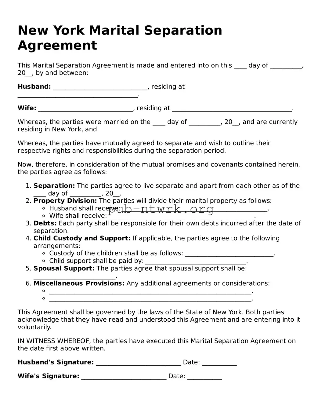 Free New York Marital Separation Agreement Form