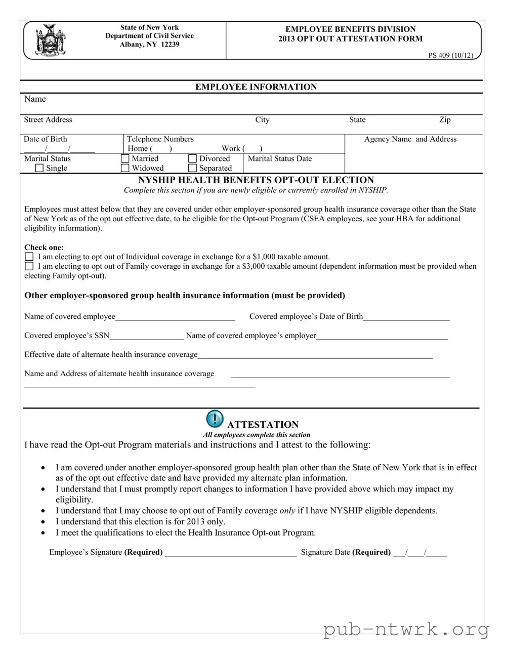 Blank New York Ps 409 PDF Form