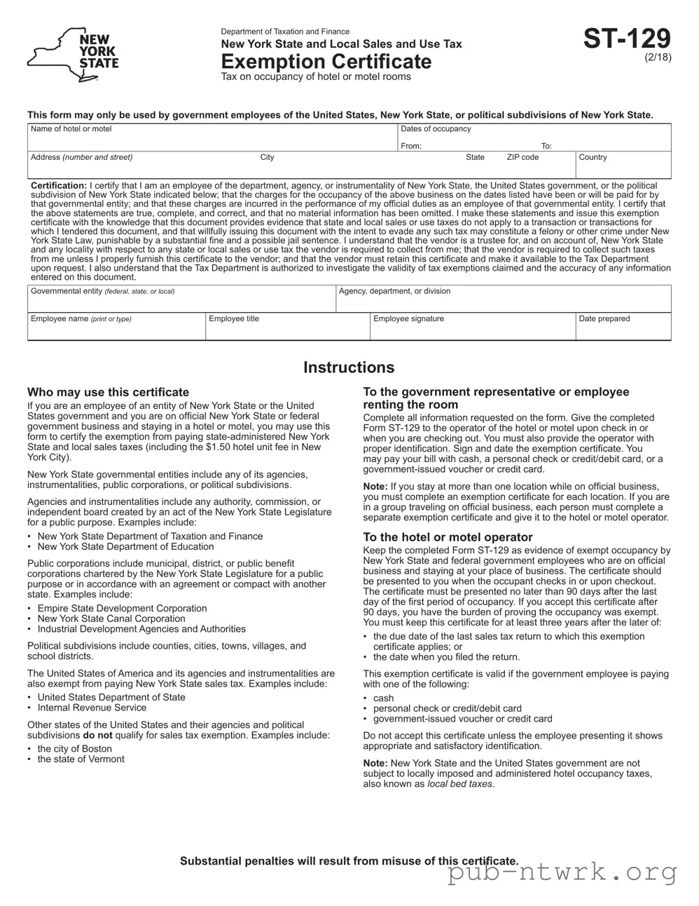 Blank New York Hotel Tax Exempt PDF Form