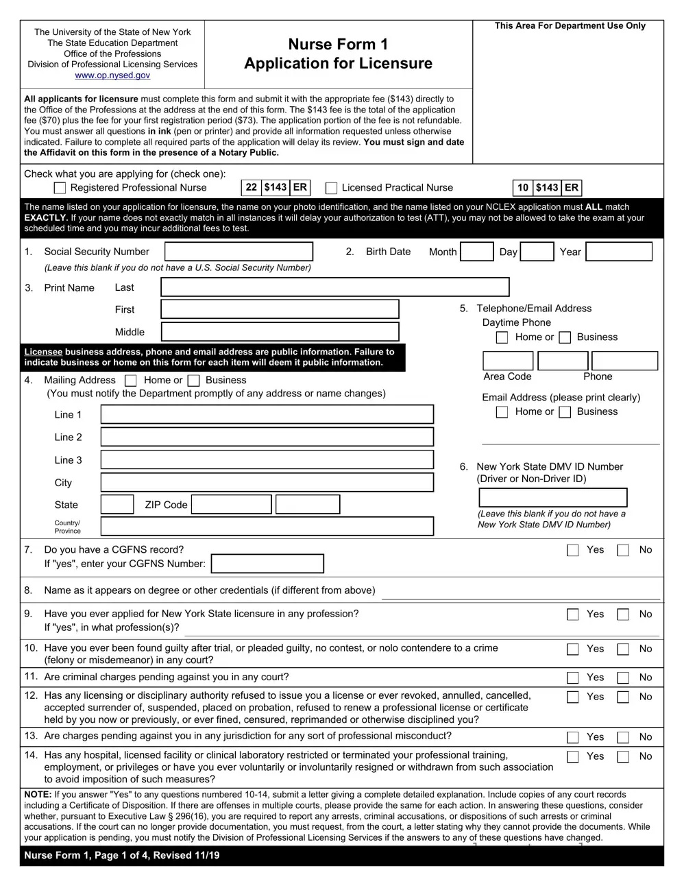 Blank New York Nurse 1 PDF Form