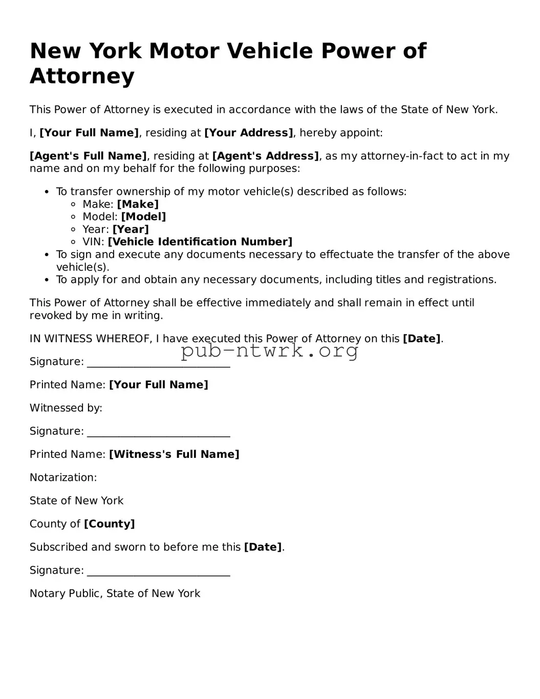 Free New York Motor Vehicle Power of Attorney Form